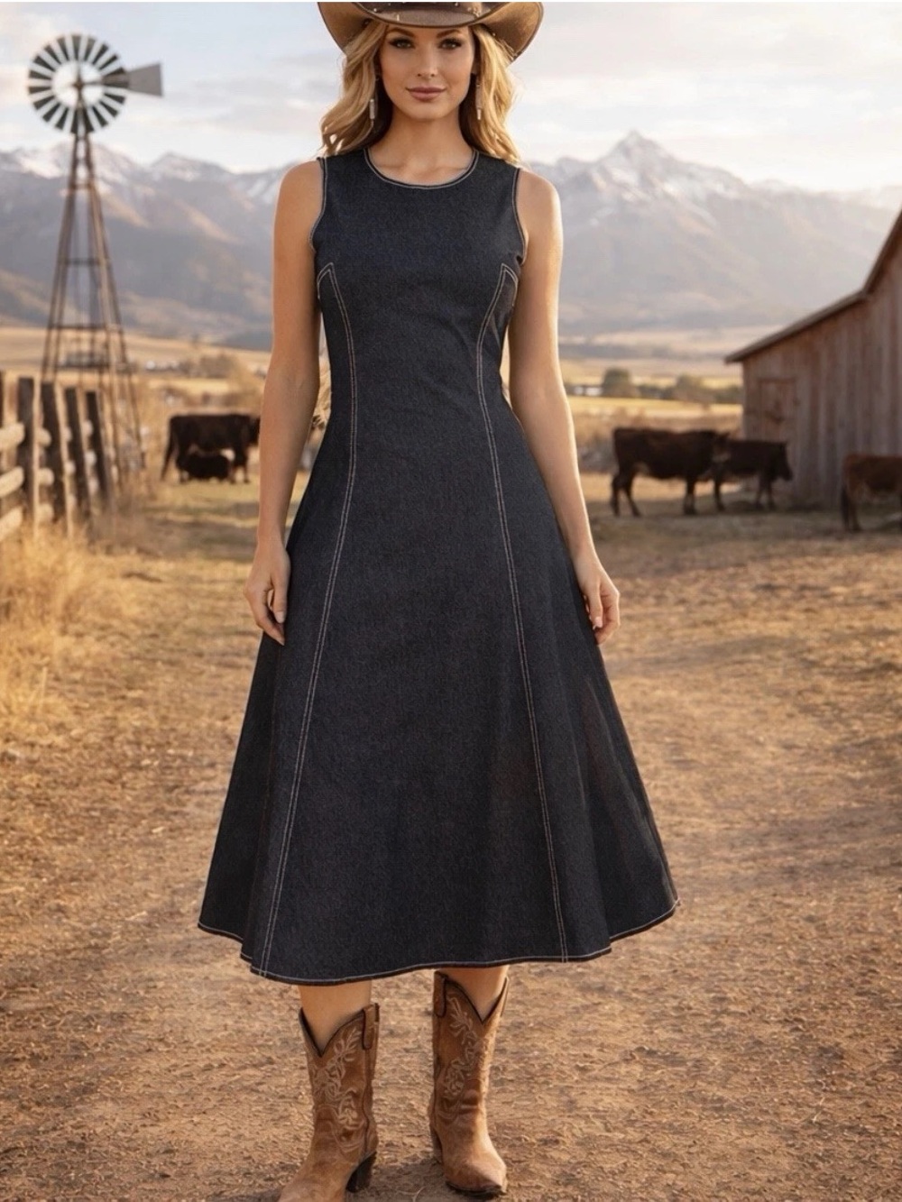 Vince Camuto XS/S Navy Blue Denim Sleeveless A-Line Midi Dress w/Pockets